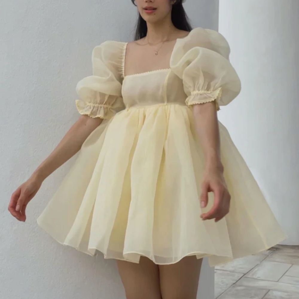 Selkie Pale Yellow Puff Sleeve Mini Dress